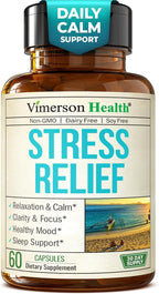 Stress Relief Supplement with 5HTP, Ashwagandha, Valerian, St John’s Wort, GABA, Chamomile & B-Vitamins - Promotes Relaxation, Sleep, Calm & Balanced Mood, Energy & Focus. Vegan, Non-GMO, 60 Capsules