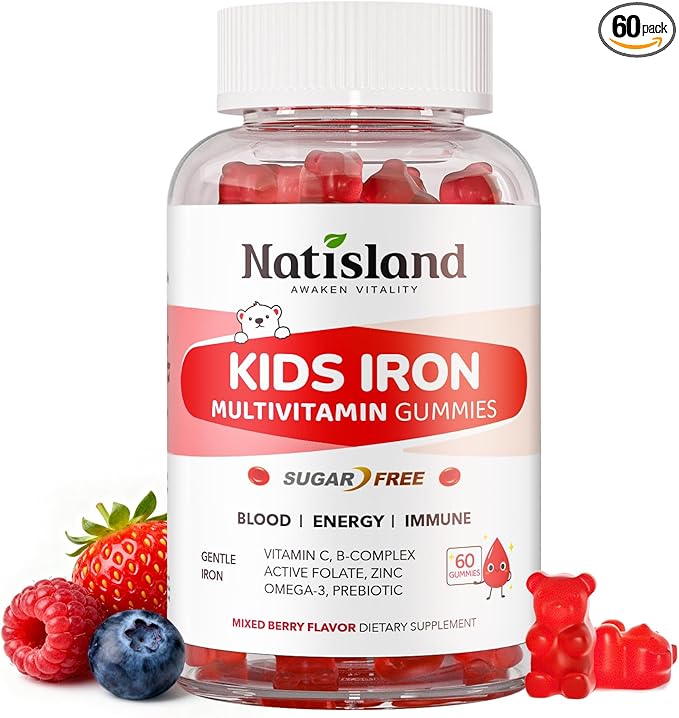 Iron Gummies for Kids & Teens, Kids Multivitamin with Iron Supplement, Vitamin B Complex, A, C, D3, Calcium, Zinc, DHA, Prebiotic, Blood Builder & Energy Support for Iron Deficiency, Vegan, 60 Ct