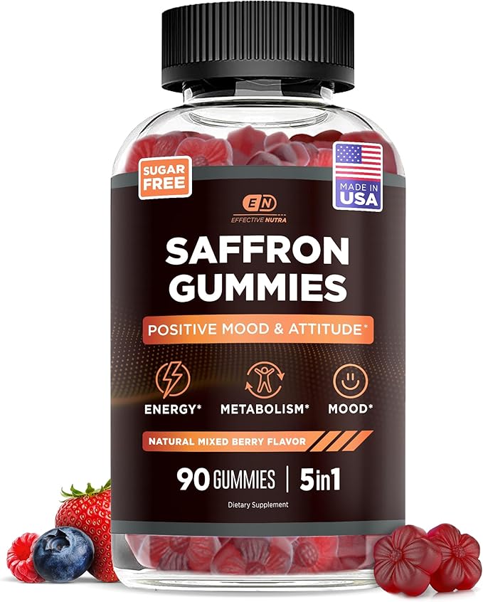 Effective Nutra Saffron Gummies for Adults 88.5mg - Mood Support & Stress Relief with GABA, Passion Flower - 5-in-1 Formula - Sugar-Free, Vegan, Non-GMO, Made in USA - 90 Count (45-Day Supply)
