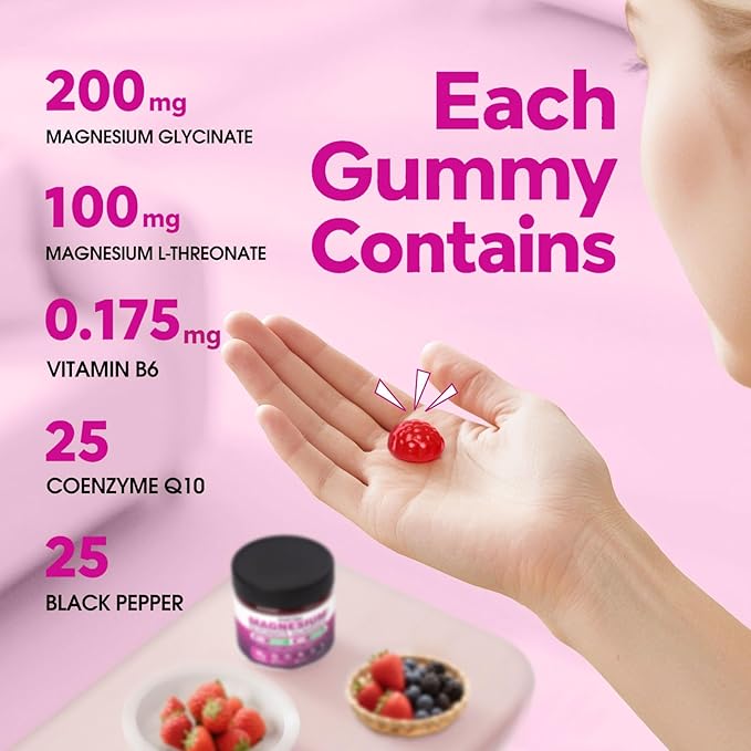 5 IN 1 Magnesium Glycinate Gummies,1400mg Magnesium Complex with Glycinate, L-Threonate, Vitamin B6, CoQ10 & Black Pepper, Organic, Non-GMO, Third-Party Tested, Gut-Friendly & Easy-to-Chew 120 Gummies
