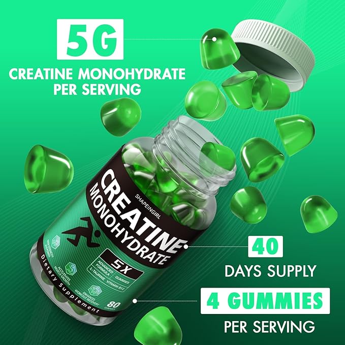 Creatine Gummies for Men & Women - Chewable Creatine Monohydrate Gummies for Muscle Strength, Improving Endurance & Post Workout Recovery - Creatine Supplement - Green Apple Flavors (160 Count)