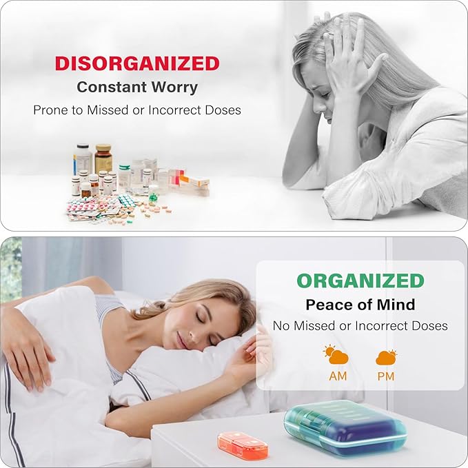 Weekly Pill Organizer 2 Times a Day, 7 Day Pill Box 2 Times, Portable for Travel Pill Case for Pills/Vitamin/Fish Oil/Medication/Supplements (2x7 Blue+Rainbow)