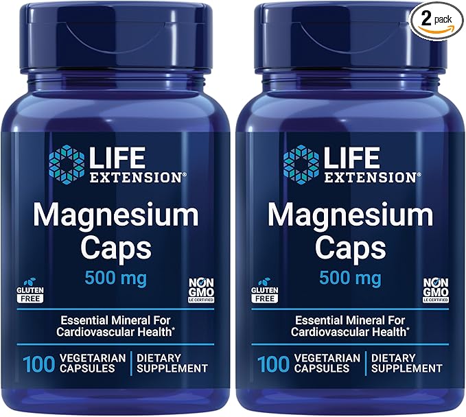 Life Extension Magnesium Caps, 500 mg, Magnesium Succinate, Heart Health, Healthy Bones, Metabolism Support - Pack of Two - 2 x 100 Vegetarian Capsules