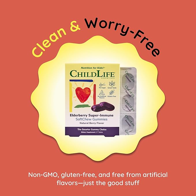 CHILDLIFE ESSENTIALS Elderberry Super-Immune SoftChew Gummies for Kids - Immune Support with Vitamin C & Vitamin D3, Elderberry Immune Supplement for Babies, Toddlers & Children - Berry, 27 Softchews