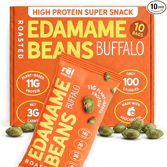 Rel Snacks Buffalo Roasted Edamame – High Protein Low Carb Snack (11g Protein per Serving) – Keto-Friendly, Vegan, Non-GMO – 10-Pack 0.9oz Bags