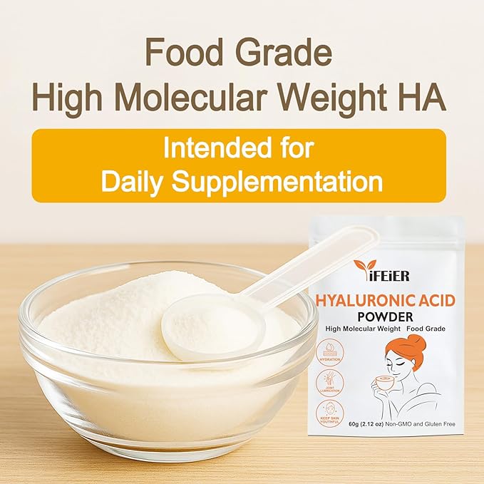 Pure Hyaluronic Acid Powder | Food Grade Hyaluronic Acid Supplements | 60g(2.12oz) | HMW LMW High Molecular Weight Hyaluronic Acid Powder| Skin Hydration and Joint Lubrication