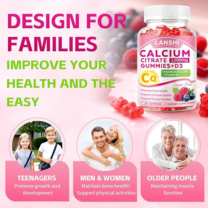 Calcium Citrate Gummies 1200mg with Vitamin D3 & K2 Supplements for Women & Men, High Absorption Calcium Gummies Plus Magnesium, Zinc for Strong Bones & Immune Support Mixed Berry Flavor