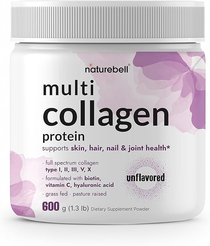 NatureBell Multi Collagen Protein Powder - 600g - Hydrolyzed Collagen Peptides - for Skin, Hair, Nail, Joint & Bone Health Support* - Grass-Fed & Keto-Friendly - Unflavored