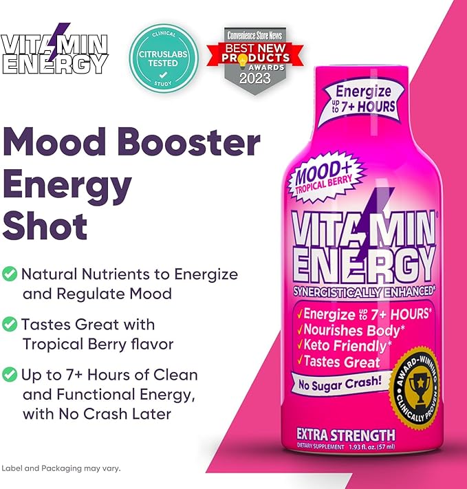 Vitamin Energy Mood+ Extra Strength Energy Shot Tropical Berry 48 Pack, 260mg Natural Caffeine, B-Vitamins, Rhodiola, Chamomile, Mood & Energy Support, Zero Sugar, Gluten-Free, Vegan, 1.93 fl oz