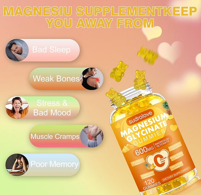 Magnesium Glycinate Gummies 600mg- Sugar Free Mg Potassium Supplement with Magnesium Glycinate, Vitamin D, B6 and CoQ10 for Calm Support & Sleep for Adults, 60 Days Supply ((Pack of 2), Pineapple)