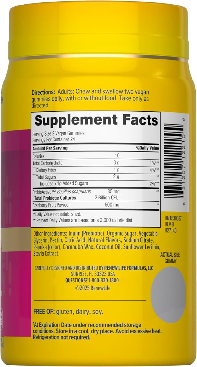 Renew Life Women's Care Cherry Prebiotic and Probiotic Gummies, Digestive, Urinary Tract and Immune Health, B. Coagulans and B. Subtilis, Dairy, Soy and gluten-free, 2 Billion CFU 48 Count