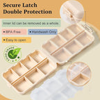 Travel Pill Organizer with Bulk Stickers & Labels - Small & Portable Week Daily Medicine Pharmacy for Pocket, Bag - 14-Compartment Foldable Supplement Box Holder for Fish Oil Vitamin - Khaki