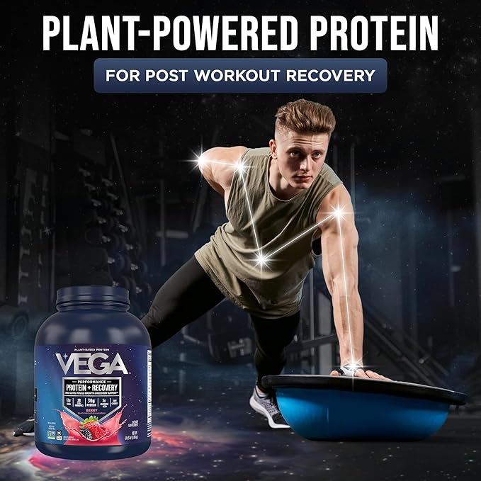 Vega Sport Vegan Protein Powder + Recovery - 30g Plant Based Protein per Serving, Berry, 45 Servings, 5g BCAAs, Probiotics, NSF Certified, for Shakes & Smoothies, 4.2lbs (Packaging May Vary)