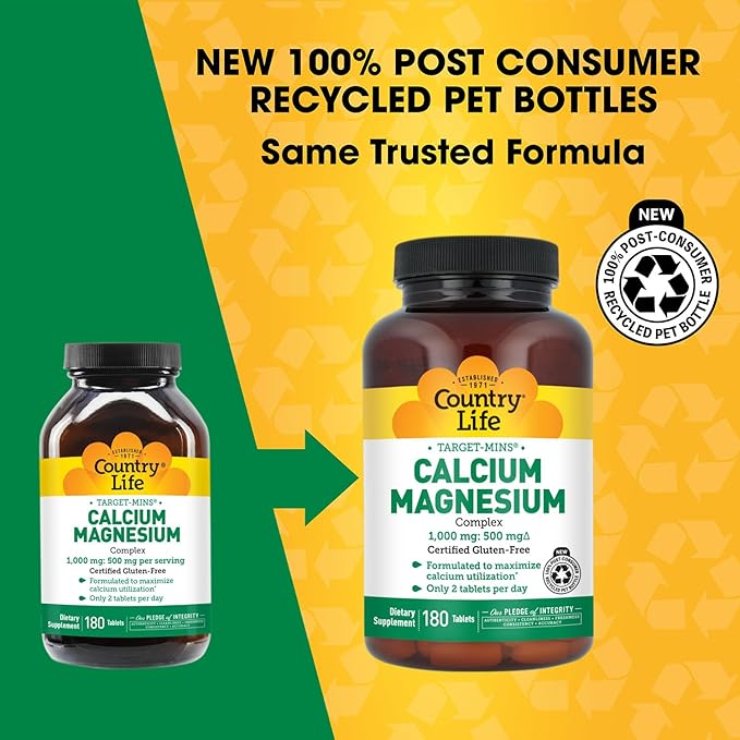 Country Life Target-Mins Calcium Magnesium Complex 1000mg/500mg, 180 Tablets, Certified Gluten Free, Vegan, Non-GMO Verified