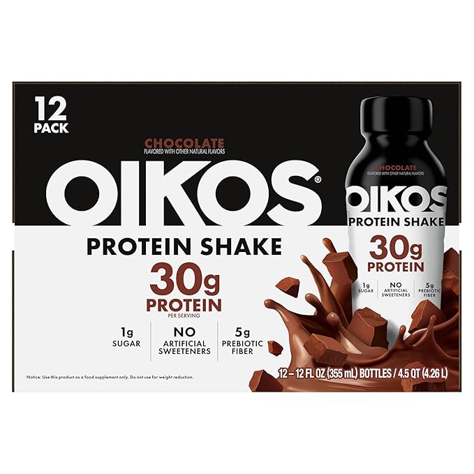 Oikos Protein Shake,Chocolate,30g High Protein Drinks,Shelf Stable,Ready to Drink,5g Prebiotic Fiber,12 fl oz Bottle,,(Pack of 24)