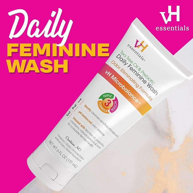 vH essentials, Ph Balanced Daily Feminine Wash, Tea Tree Oil & Prebiotic, 6 Fl Oz 54306 Clear (Pack of 2)