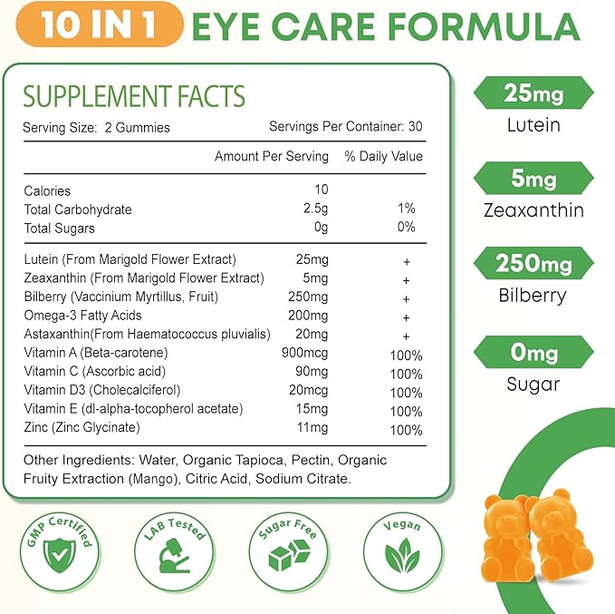 2 Pack Lutein Gummies 25mg, Sugar Free Lutein Zeaxanthin Supplements Gummies, Eye Health Supplement for Adults, Eye Vitamins Lutein for Vision and Blue Light Protection, Mango Flavor, 120 Count
