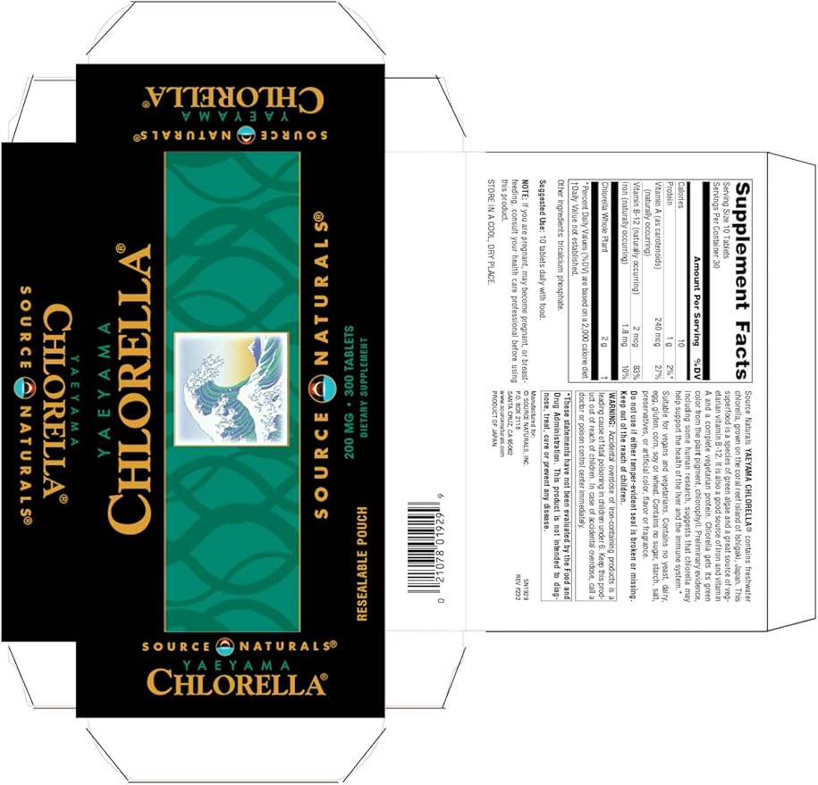 Source Naturals Yaeyama Chlorella Box 200 mg Freshwater Green Superfood, Plant-Based B12-300 Tablets