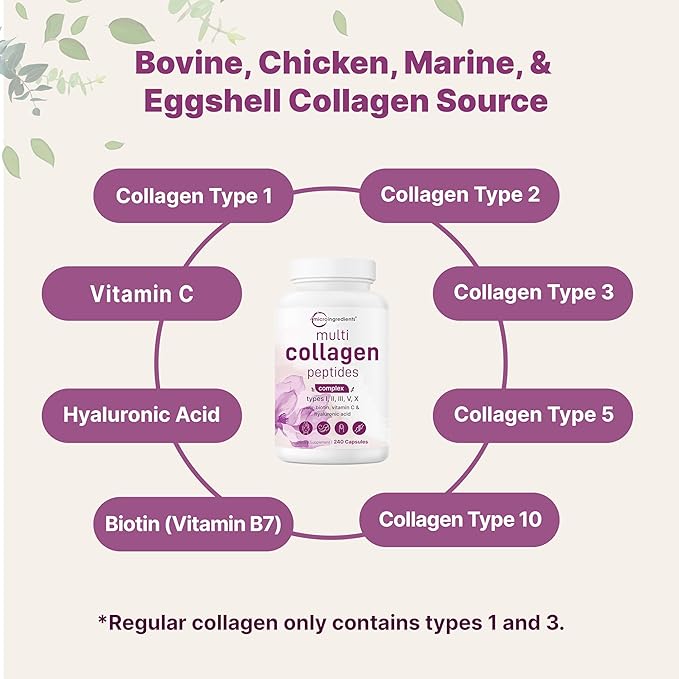 Micro Ingredients Multi Collagen Pills for Women & Men, 240 Capsules | Type I, II, III, V, X | Hydrolyzed Peptides with Biotin, Hyaluronic Acid, & Fat Soluble Vitamin C Complex | Non-GMO, Filler Free