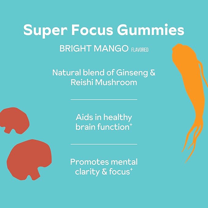 Focus Gummies for Adults | American & Korean Ginseng with Reishi Mushroom extracts | All Natural Gummies for Focus, Mood, and Energy | Mango Flavored | 45 Count