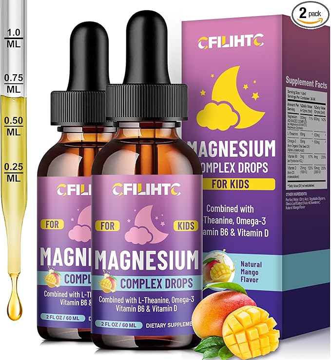 Kids Magnesium Liquid Drops-Magnesium Glycinate Liquid for Kids Supplement-w/L-theanine, Omega-3, Vitamin B6, D3 - for Sleep, Relaxation, Brain, Bones - Mango Flavor, 4 Fl Oz