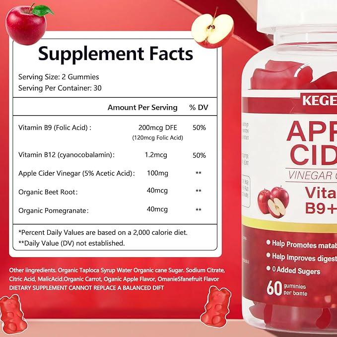 Apple Cider Vinegar Gummy Vitamins - 60 Count - Vitamin B12, Gelatin-Free, Gluten-Free