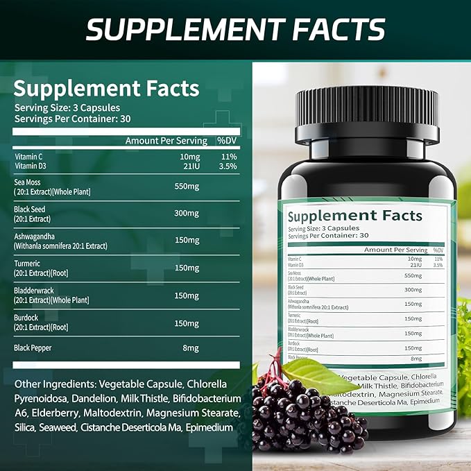 Superfood Advanced Irish Sea Moss Capsules - Sea Moss 21 in 1 Supplement Whit Black Seed, Ashwagandha, Turmeric, Bladderwrack, Burdock - 90 Count