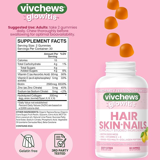 Glowitis Hair, Skin & Nails Gummies for Thick Hair, Strong Nails & Healthy Skin with Hydrolyzed Multi-Collagen Peptides, Biotin, Zinc, Vitamins C & E, Gluten-Free, Zesty Citrus Flavor, 60 Ct