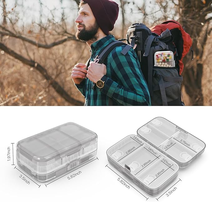 FYY Weekly Pill Organizer with Labels,8 Compartments Travel Daily Pill Case Airtight Moistureproof Large Pill Box to Hold Vitamins, Fish Oil, Supplements,Cotton Swab and Bandages-Grey