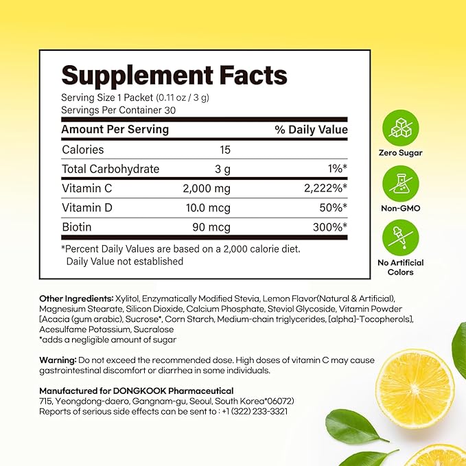 DONGKOOK Vita Pop 2,000mg Vitamin C Vitamin D & Biotin Powder Per Stick, Sugar Free Korean Vitamin C Supplements Multivitamin Advanced Immune Support for Woman Skin Hair, Lemon Powder Drink 100 Packet