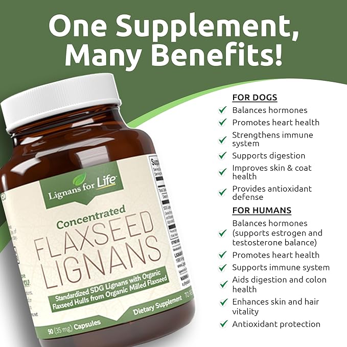 Lignans for Life Flaxseed Lignans for Dogs & People + SDG - Omega 3 Fatty Acids, High Fiber Antioxidants - Improve Shiny Coat, Digestive & Heart Health for Dogs, 35mg, 90 Flaxseed Capsules, 1 Pack