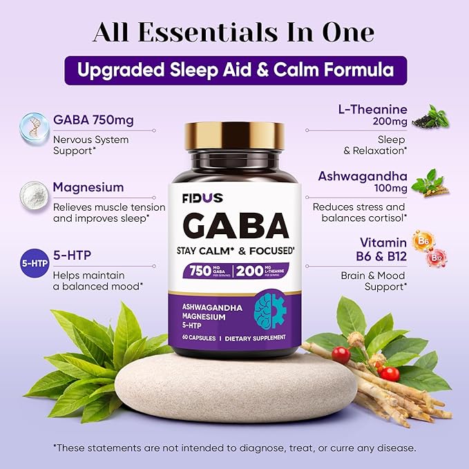 1050mg GABA L-Theanine Ashwagandha - Made in USA - Advanced Sleep Aid & Calm- Magnesium, 5-HTP, Vitamin B6 & B12, GABA (Gamma Aminobutyric Acid) Supplement - Melatonin-Free & Non-Habit Forming