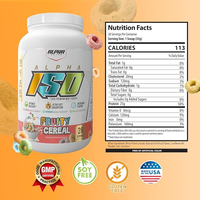 Alpha Supps ISO, Low Carb 100% Whey Protein Isolate Powder, 25 Grams Per Serving, Helps Support Muscle Growth, Low Sugar and Gluten Free (Fruity Cereal, 2 lb)