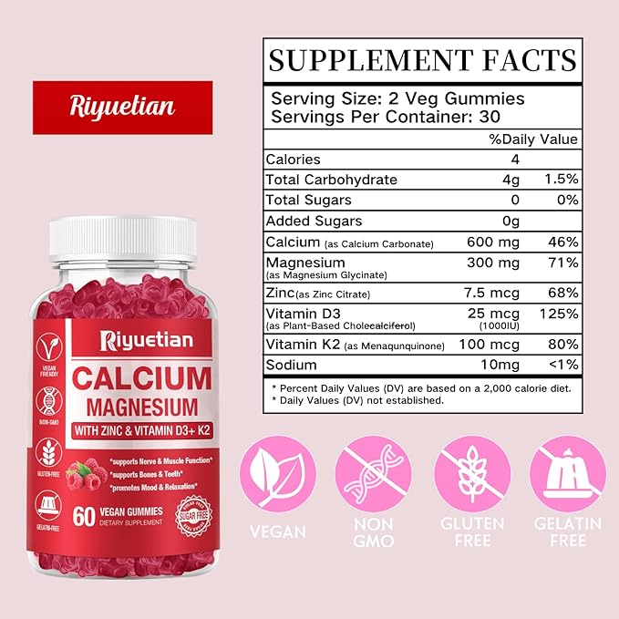 Calcium Gummies + Magnesium & Zinc with Vitamin D3 & K2, High Absorption Calcium Supplement for Bone, Teeth & Immune Support, Non GMO, Vegan, 60 Count
