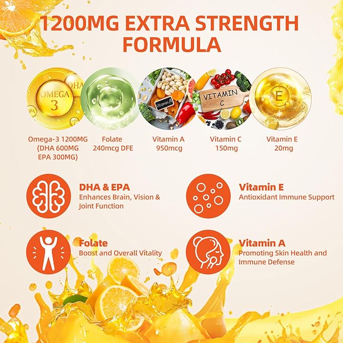 2 Pack Omega-3 Gummies Vegan 1200mg, EPA and DHA Omega-3 Fatty Acids with Folate, Vitamin A, Vitamins C & E, High Potency Omega 3 Supplements for Immune Support, 120 Count