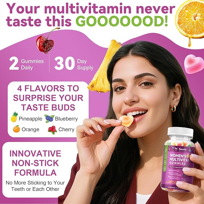 Totaria 2PCS Sugar Free Womens Multivitamin Gummies with Iron, Women's Multivitamin w/Vitamins C, D3 K2, B12, Filled Gummies for Daily Nutritional Support| Immune Support| Skin Health, Mixed Flavors