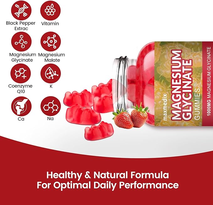 Magnesium Glycinate Gummies 1000mg, Sugar Free Magnesium Potassium Supplements Chewable for Adults with L-Threonate for Sleep, Body Support and Relaxation,90 Strawberry Gummies