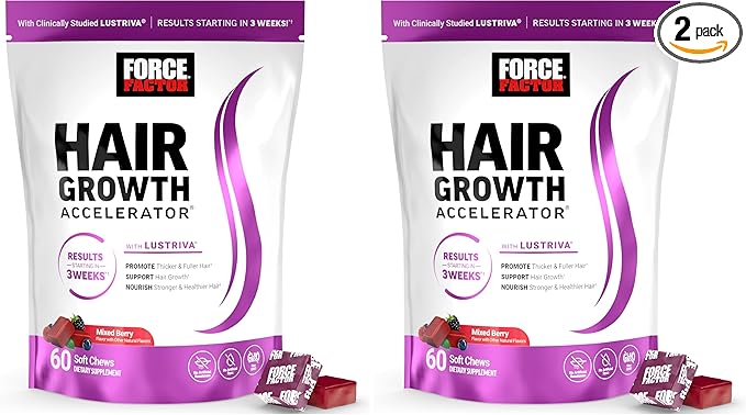 Force Factor Hair Growth Accelerator Soft Chews, Hair Growth Vitamins for Women and Men with Clinically Studied Lustriva and Biotin, Promotes Thicker, Fuller, Stronger Hair, Mixed Berry, 60 Soft Chews