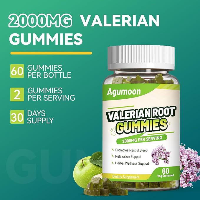 Valerian Root Gummies 2000mg, Valerian Root Extract for Relaxation & Mood Support, Herbal Supplement for Kids & Adults, Vegan, Apple Flavor, 60 Count