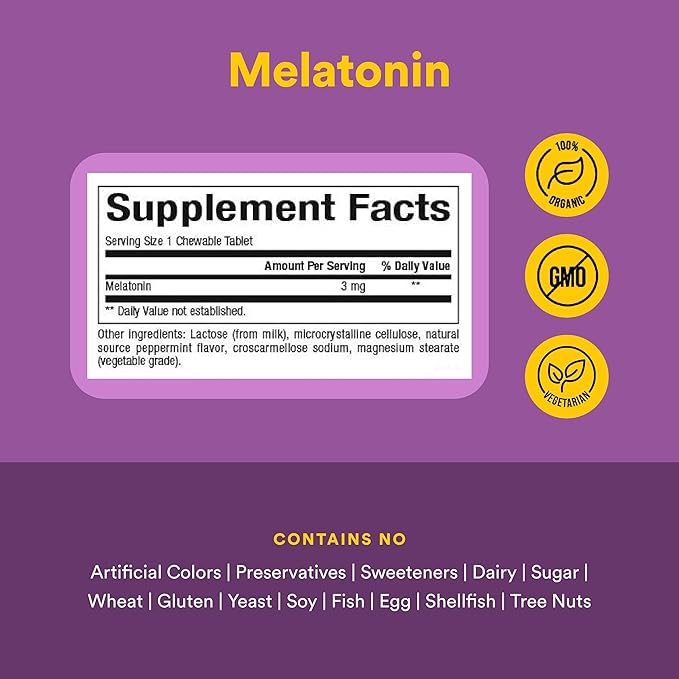Stress-Relax Melatonin 3 mg by Natural Factors, Natural Sleep Aid, Resets the Sleep-Wake Cycle, 90 chewable tablets (90 servings), Peppermint Flavor