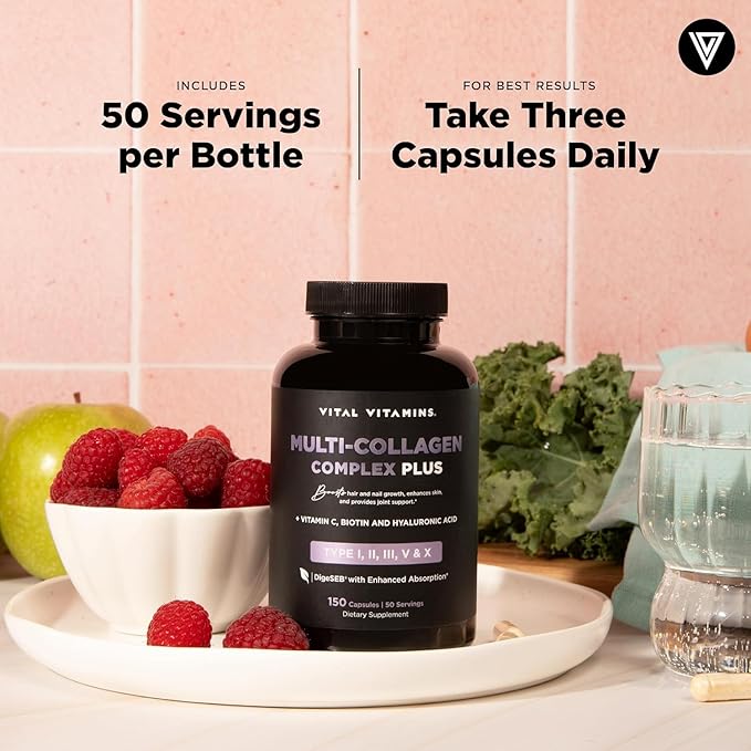 Vital Vitamins Multi Collagen Plus Capsules (2-Pack) - with Biotin, Hyaluronic Acid, Vitamin C - Type I, II, III, V, X Peptides - Collagen Supplements for Men & Women - Hair, Skin, Nails Complex