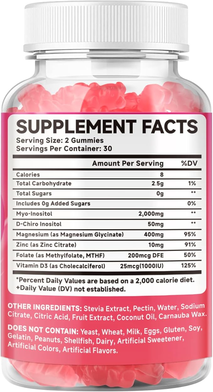 Myo-Inositol & D-Chiro Inositol Gummies, 40:1 Ratio Inositol with Vitamin D3, Magnesium Glycinate, Folate & Zinc, Inositol Supplement for Female Health, Raspberry Flavor, 60 Count