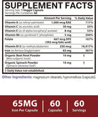 Iron Supplement for Women & Men, 65mg Ferrous Bisglycinate Chelate, Slow Release Iron with Vitamins A C E B6, B12, Folate, Organic Spinach & Beet Root Powder, for Blood Flow & Energy Support, 60 Caps
