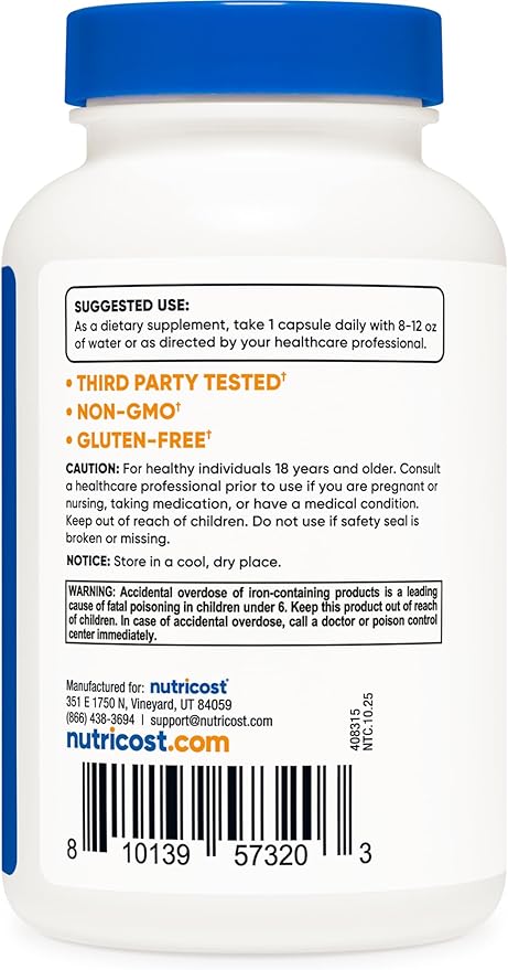 Nutricost Chelated Iron, As Ferrochel, 36mg, 240 Capsules