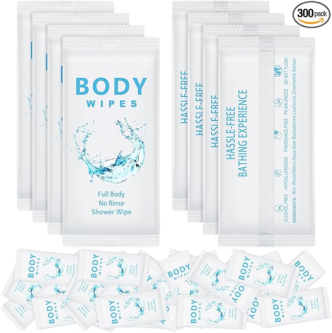 Treela 300 Pcs Large Body Wipes Bulk Deodorant Travel Size for Homeless Care Package Supplies Individually Wrapped Adults Bathing No Rinse Wet Wipes Men Women Hygiene Items(7.09" X 9.84",White)