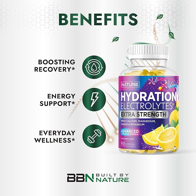 Built by Nature Hydration Electrolyte Gummies – Electrolyte Gummies for Hydration & Dehydration Support – 60 Gummy