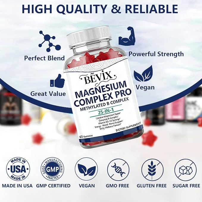 Magnesium Complex Gummies with Methylated B Complex Magnesium Glycinate Citrate Malate Taurate Gluconate Aspartate Carbonate D3 K2, Magnesium for Relaxation Energy & Nerve, 60 Gummies
