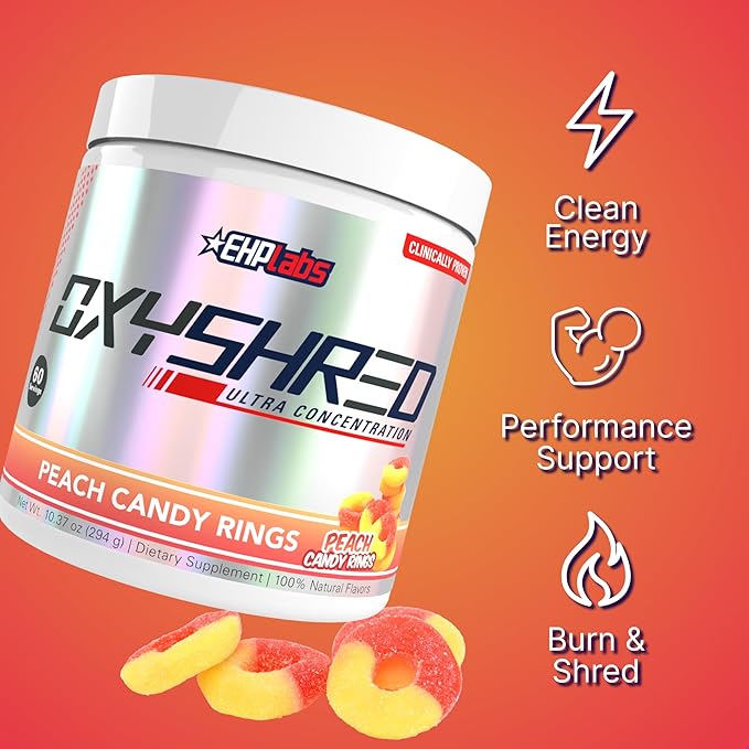 EHP Labs OxyShred Pre Workout Powder - Preworkout Powder with L Glutamine & Acetyl L Carnitine, Energy Boost Drink - Peach Candy Rings, 60 Servings