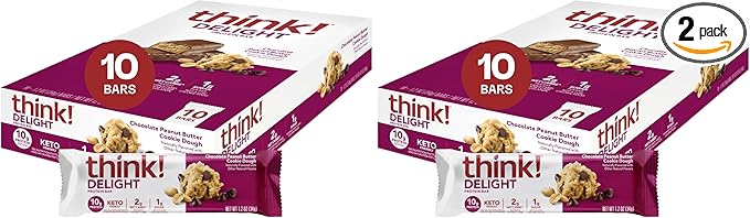 think! Delight, Keto Protein Bars, Healthy Low Carb, Gluten Free Snack - Chocolate Peanut Butter Cookie Dough, 10 Count (Packaging May Vary) (Pack of 2)