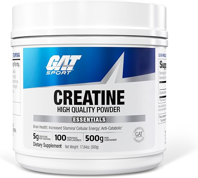 GAT SPORT Creatine Monohydrate 500 Gram Powder, Strength, Brain Health, Anti-oxidant, Endurance, for Men & Women, Unflavored, 100 Servings